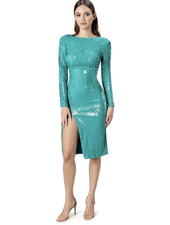 Dress the Population Dresses & Skirts - Dress the Population Natalie Sequin Long Sleeve Slit Midi Dress Size M In Capri
